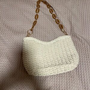 Stylish Cream Woven Bag with Tan Chain